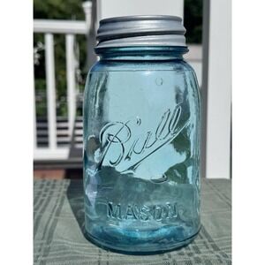 Antique Ball Mason Aqua Glass Quart Jar and Zinc Porcelain Lid 1914-1918 (#100)